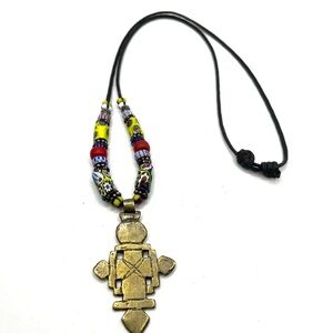 Colorful Beaded Necklace with Brass Coptic Cross Pendant  Unique Original